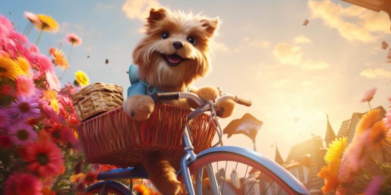 Pies w koszyku na rowerze